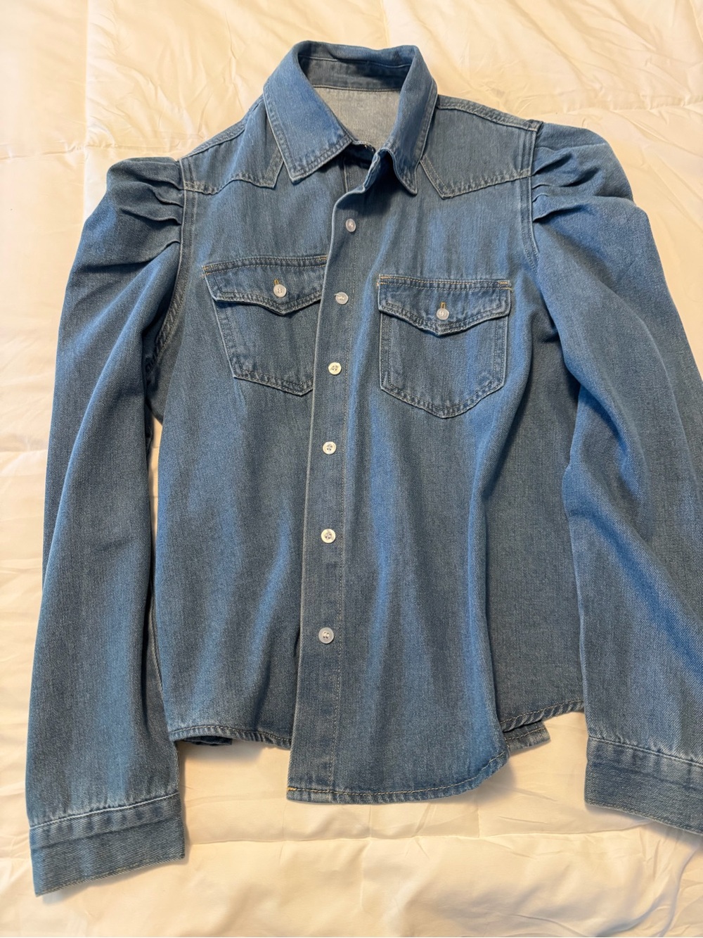 Puff-Sleeve Denim Button-Up Blouse - Blue